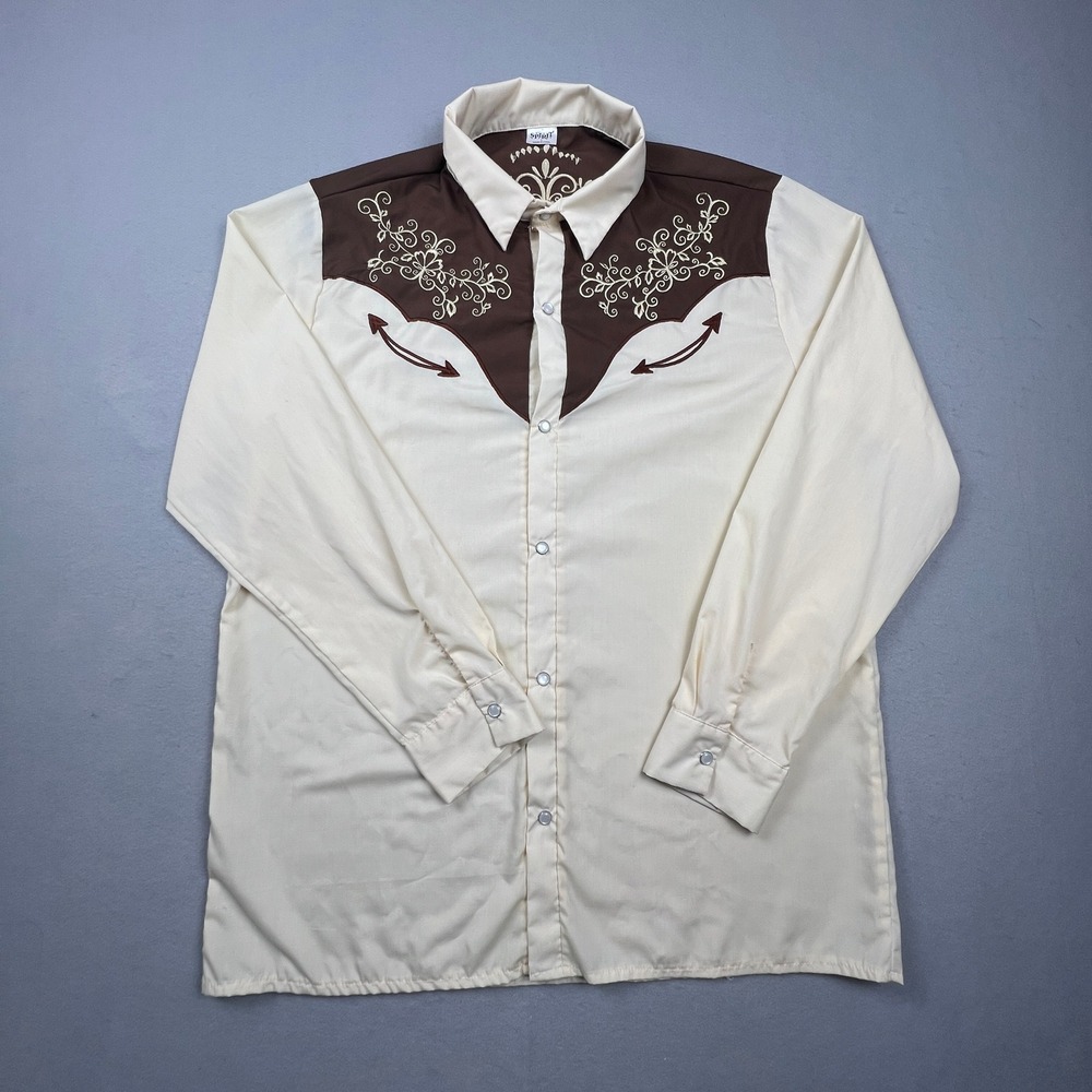 Spirit Western Shirt Mens XL Cream Embroidered Pearl Snap Cowboy Rockabilly